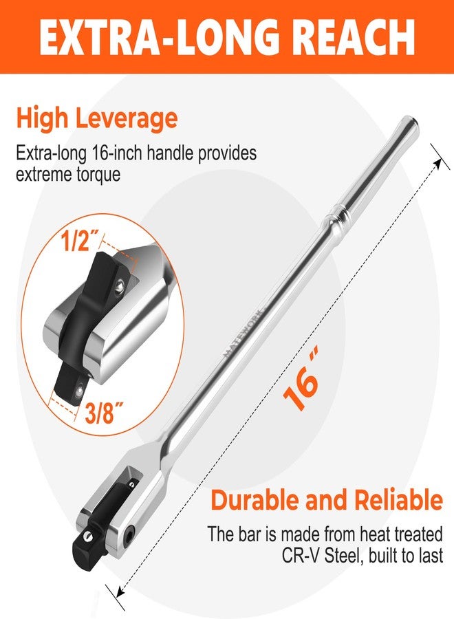 Matework Breaker Bar 3/8" & 1/2" Dual Drive, 16-Inch Length, Heavy Duty Breaker Bar with 360° Flex Head, CR-MO Steel - Image 2